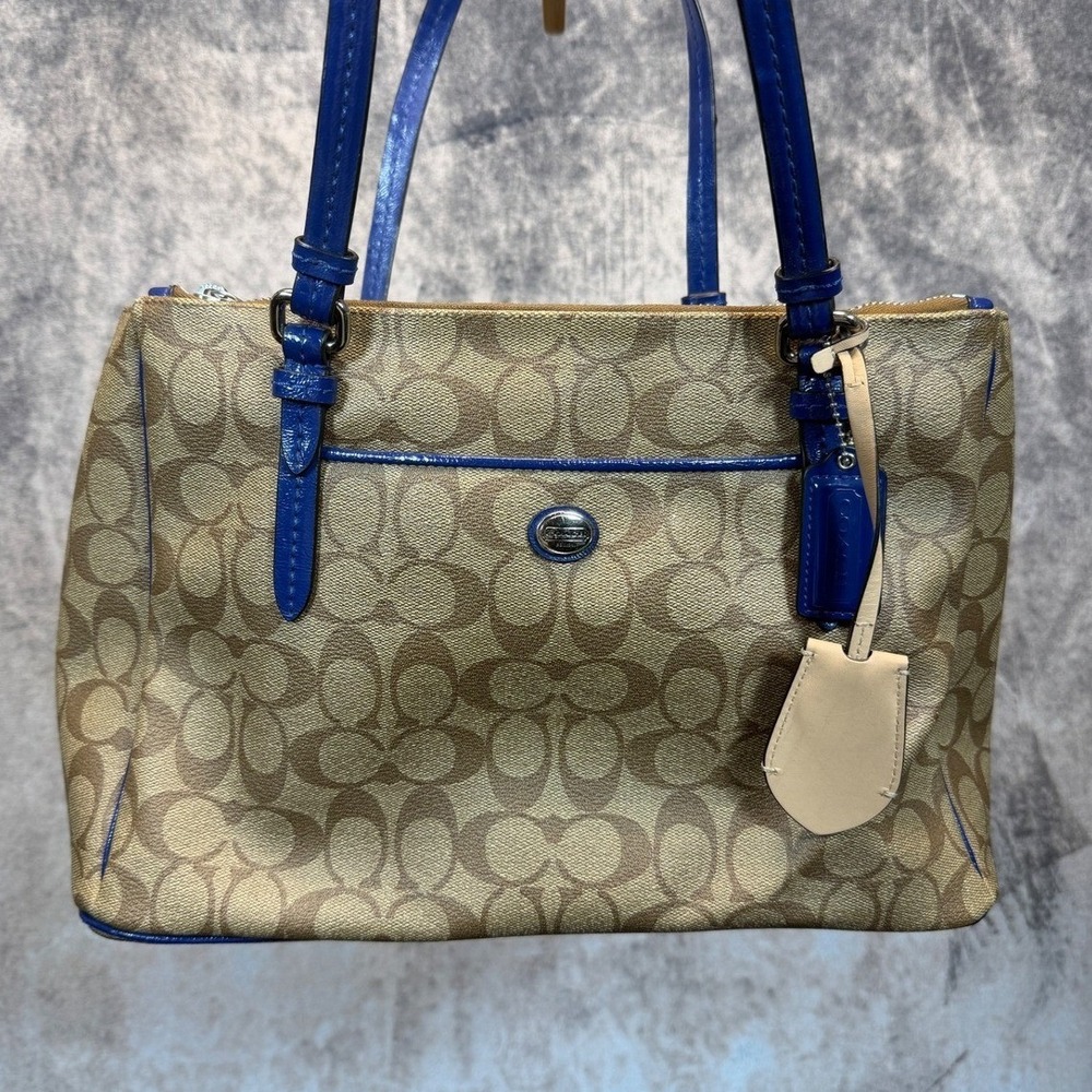 Coach Tote Bag Womens Brown Blue Regular Medium Signature C Monogram Purse Zip